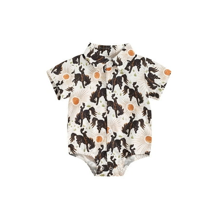 

ESASSALY Baby Boys Rompers Western Horse Print Turn-Down Collar Bodysuits