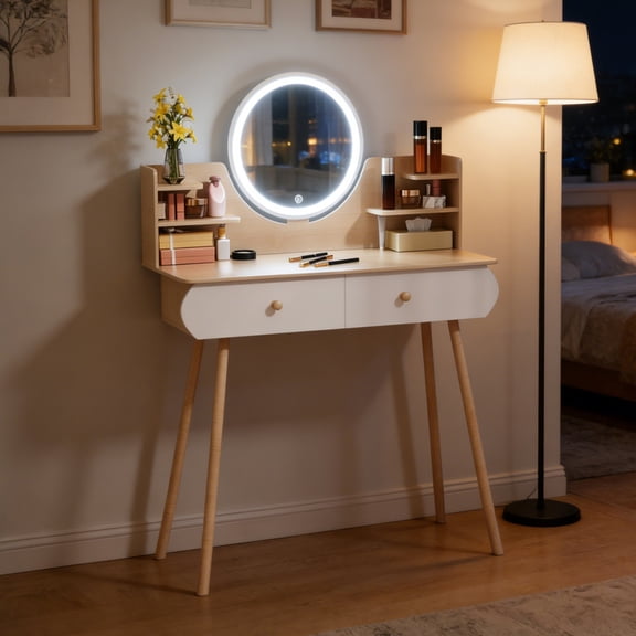 Yedigre Vanity Desk with LED Mirror and Drawers – 31.5 Inch Makeup Table with 3-Color Lights, Storage Shelves