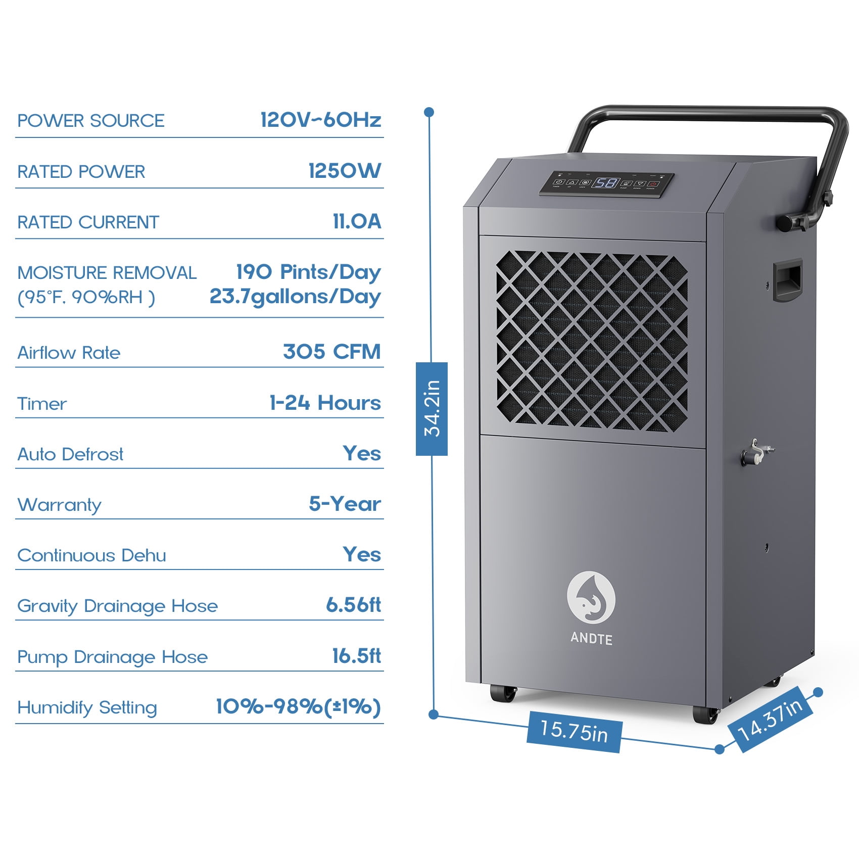 ANDTE 190 Pints Commercial Dehumidifier with Pump, Covers up to 3,600 sq. ft, Industrial Dehumidifier for Basements and Job Sites