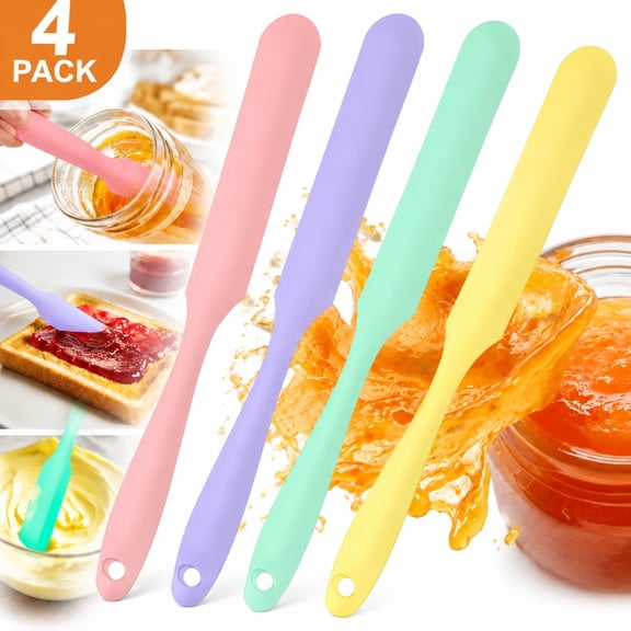 4 Pack Silicone Jar Spatula Set, Long Handle Grade Silicone Scraper Spreader, Heat Resistant Kitchen Spatula for Baking Mixing, Scraping Jars Cans, Butter Cream Jam