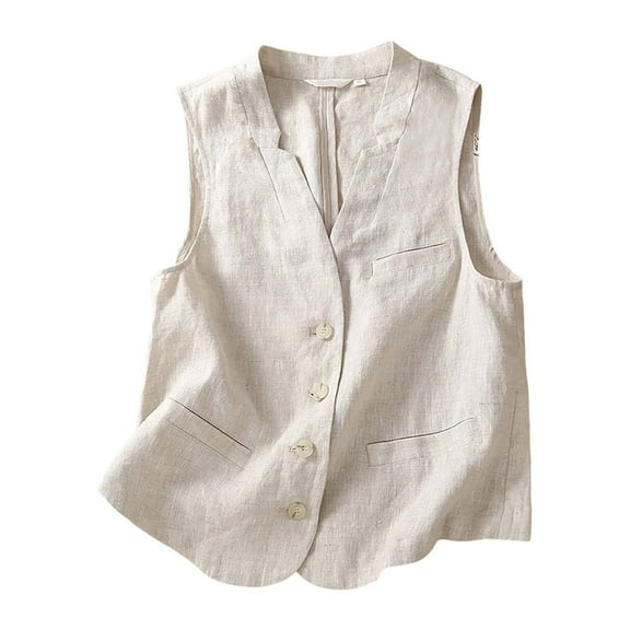 Jxximdong Casual Vests for Women, Autumn Cotton and Linen Loose Casual Vest with Pocket Vest, Women's Coats Beige