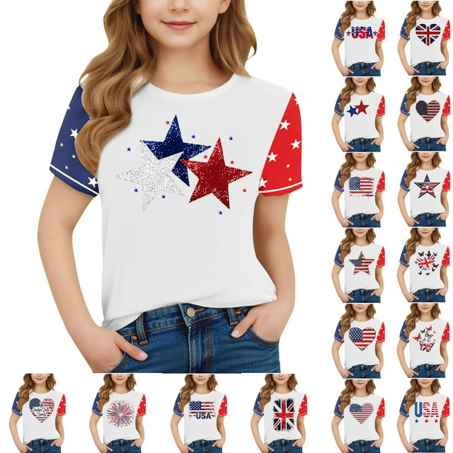 MKOSPLRT Étoiles Rayures Chandails pour Enfants 3-15 Ans Col Rond Manches Courtes Chandails Raglan pour Fille Garçon Multipack Chandails de la Fête de l'Indépendance