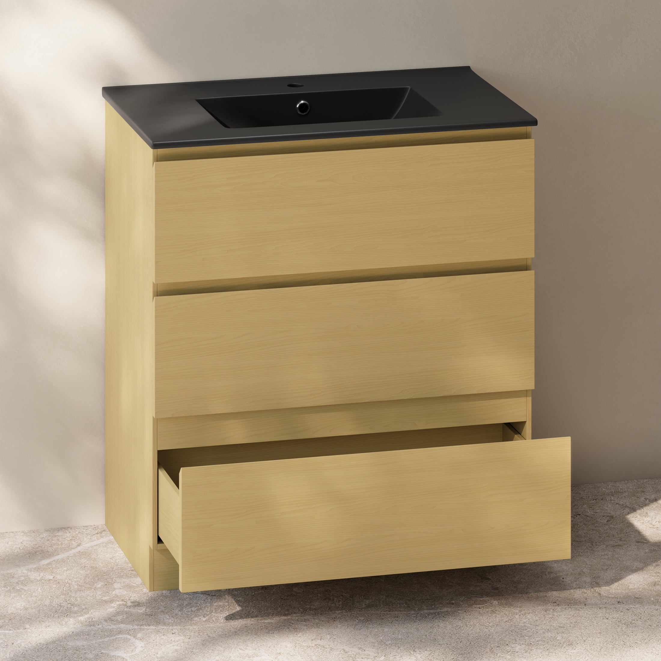 Liberte 30" Freestanding Bathroom Vanity in Natural Oak with Black Sink Top