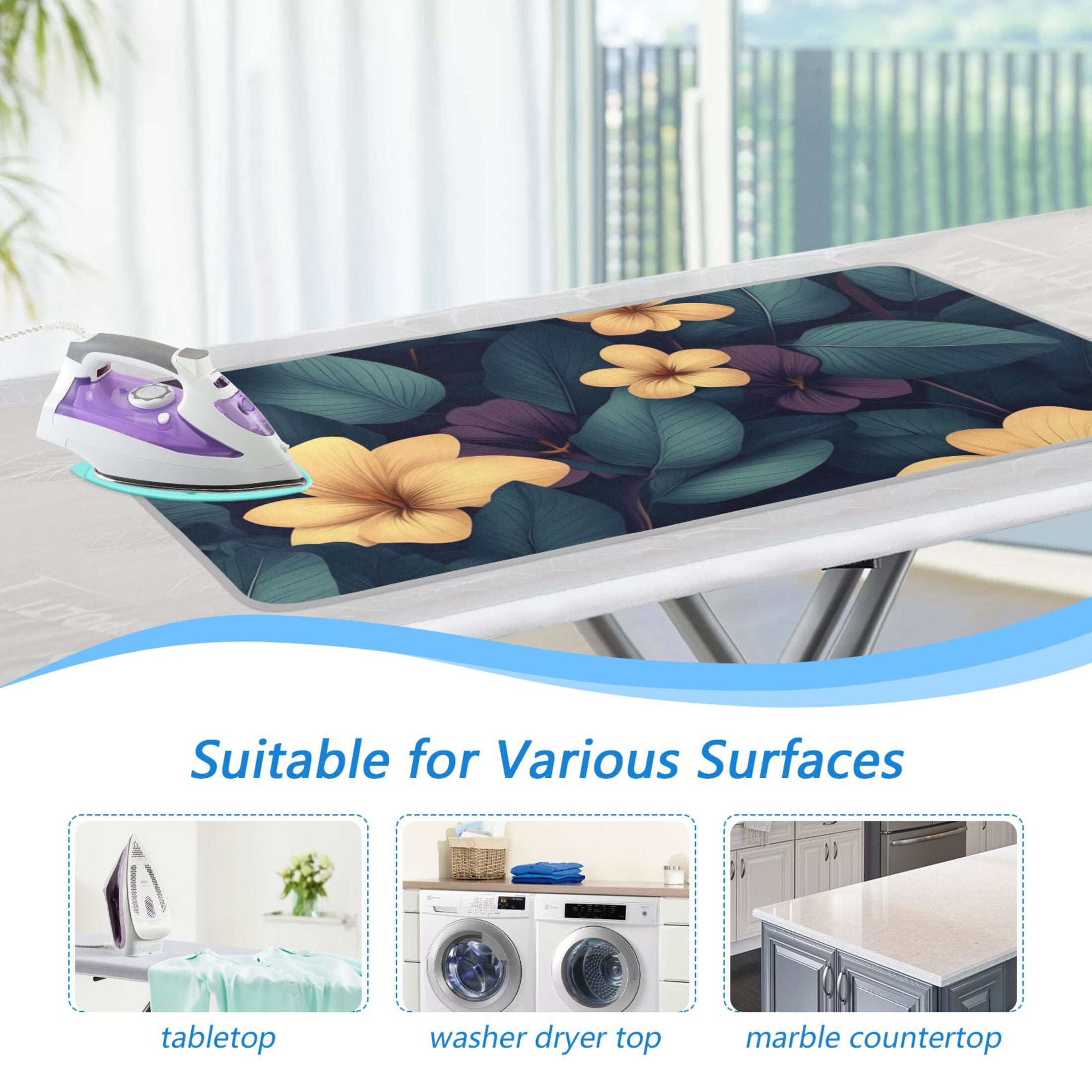 Dark Green Leaves and Yellow Flowers Ironing Mat Blanket for Table Top Travel Portable Ironing Board Pad 47.2x27.6 Inch
