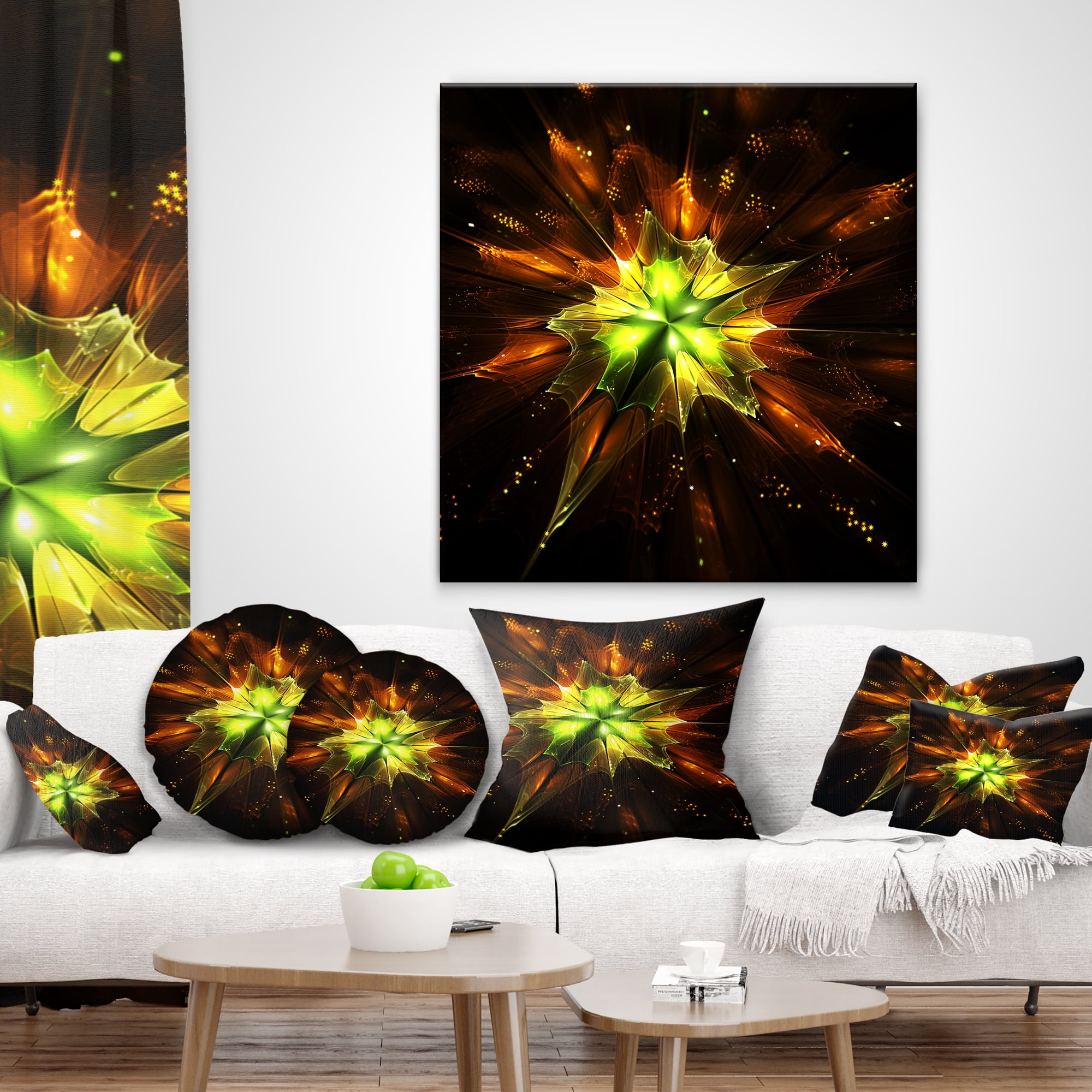 Designart Orange Yellow Green Fractal Flower - Floral Throw Pillow - 16x16