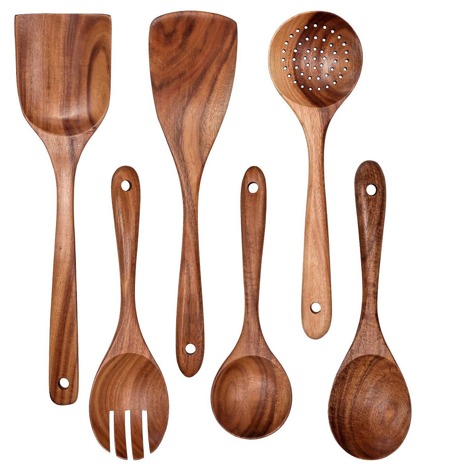 Behome 6pcs Wooden Kitchen Utensil Set, Non-Stick Cooking Utensils Set with Ergonomic Handles, Wooden Spoons for Cooking, Housewarming Gifts for Everyday Use