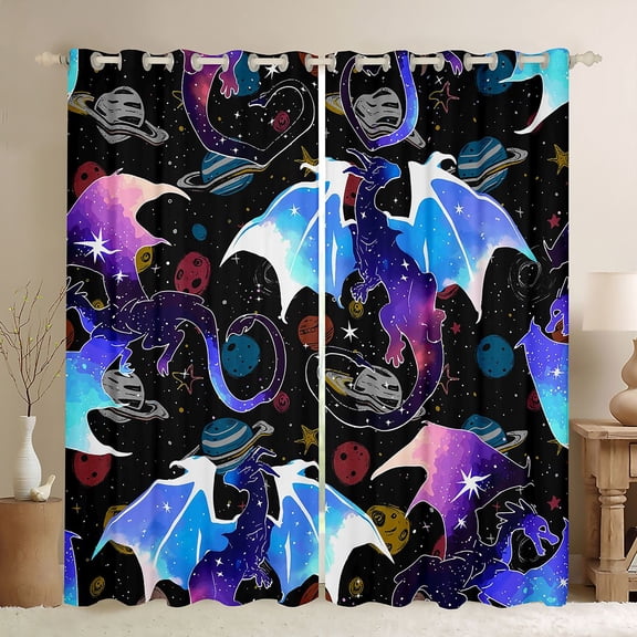 Homewish Children Magical Dragon Blackout Curtains Set of 2 (52x84 Each),Cartoon Animal Window Curtains,Universe Galaxy Planet Curtains and Drapes,Microfiber Bedroom Decor