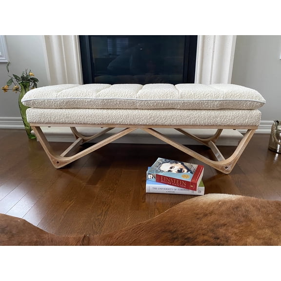 Boucle White Fabric Upholstered Pillow Cushion Top 48" Hendraheim Ottoman Bench