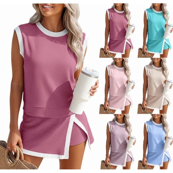 Skirt Sets Women 2 Piece Outfits Contrast Stripe Crewneck Ribbed Tank Top Split Lined Skirt Tennis Summer Tracksuits Hot Pink S