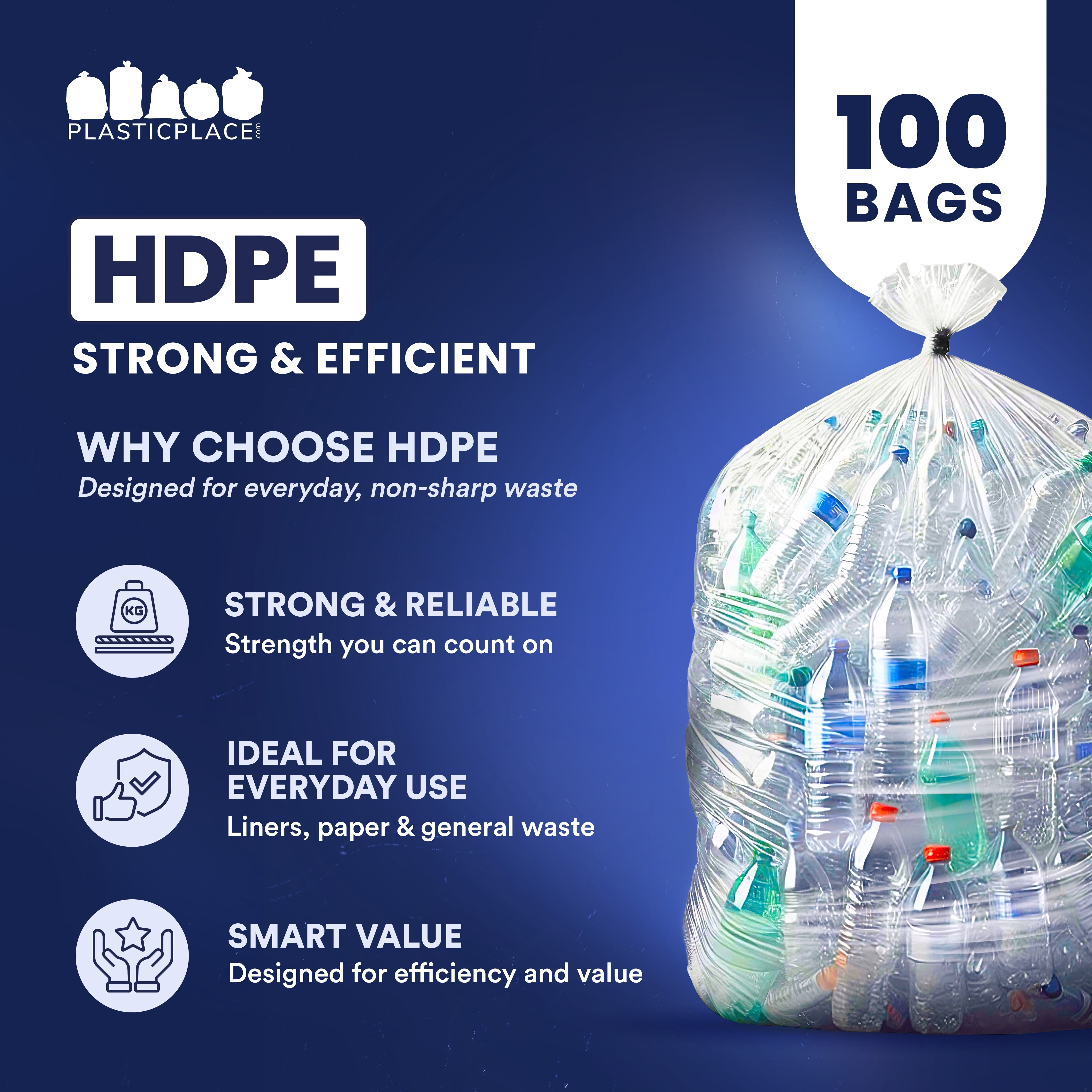 Plasticplace 55-60 Gallon Trash Bags, High-Density Garbage Bags, Clear Plastic Can Liners, 38” x 60”, Leak-Proof Heavy-Duty Trash Bag, Ideal for Home, Office, Kitchen & Commercial Use, 100 Count