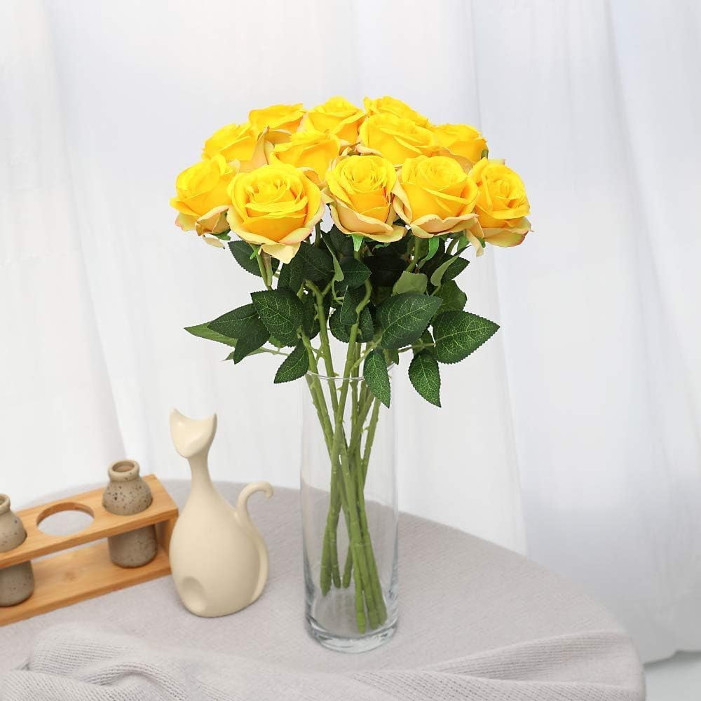 Yellow Fake Roses Artificial Flowers - Fake Artificial Roses Silk Flowers with Stems for Home Wedding Hotel Office Centerpiece Decor