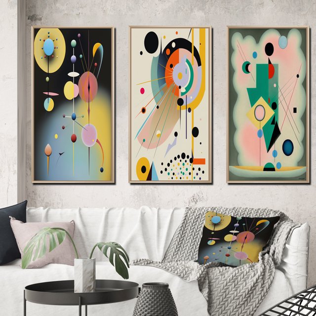 Designart "Retro Abstract Illustration Divine Secrets VI" Modern Geometric Framed Wall Art Set Of 3 - Blue Abstract Frame Gallery Wall Set For Home Decor