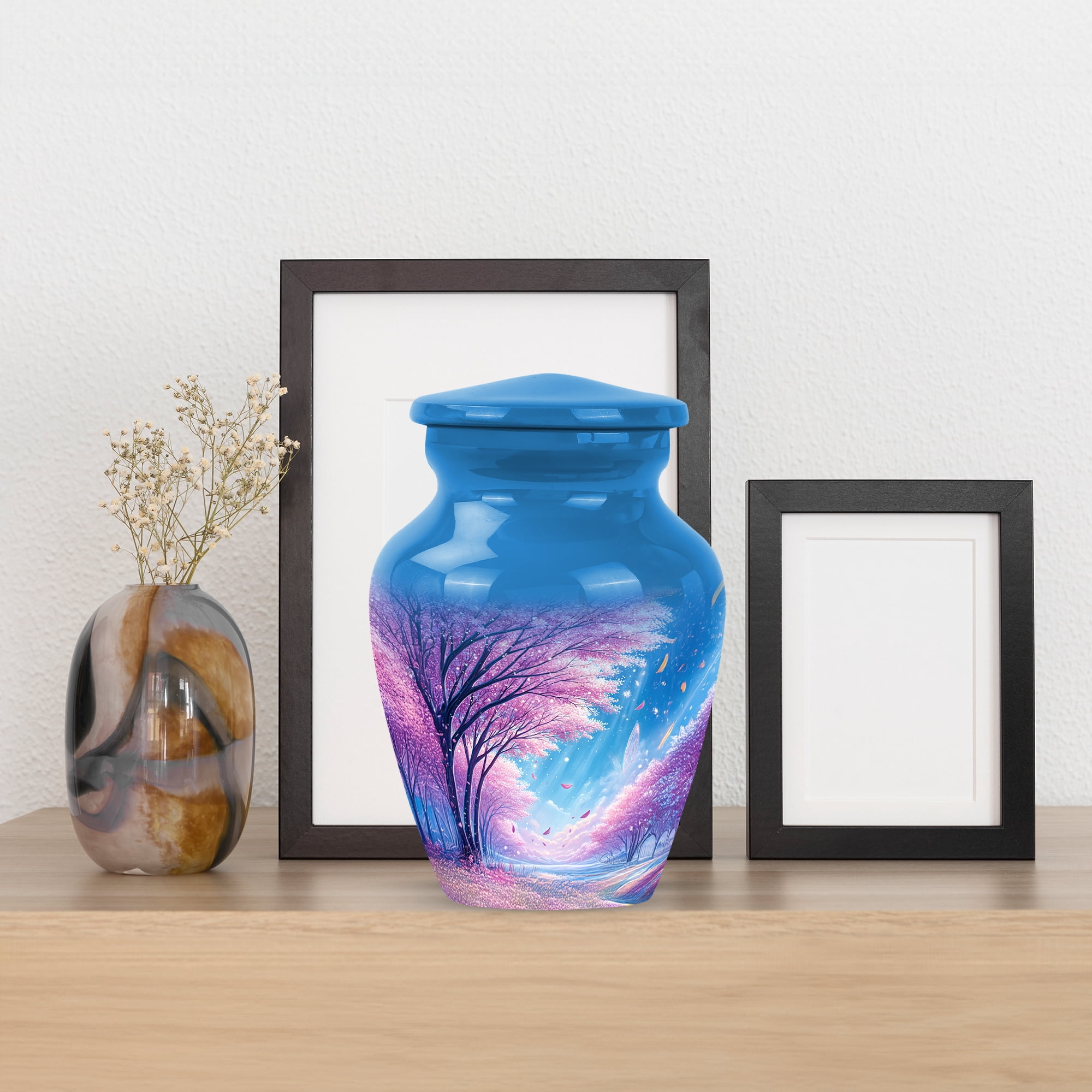 MUKTIVE Cherry Blossom Flowers Cremation Urns,Burial Urn for Human Ashes Adult Man, Decorative Urn for Women Funeral, Blue Cremation Urn for Ashes for Female Burial, 3 Inch