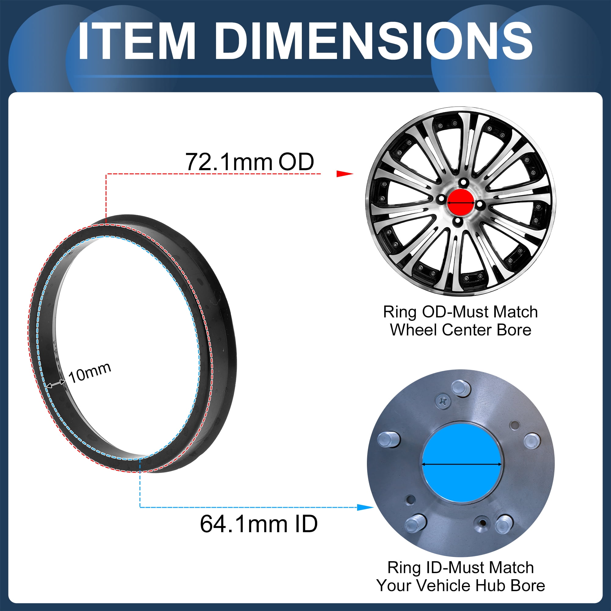 Unique Bargains 4Pcs Car Wheel Hub Centric Rings Shock Absorbing OD 72.1mm to ID 64.1mm