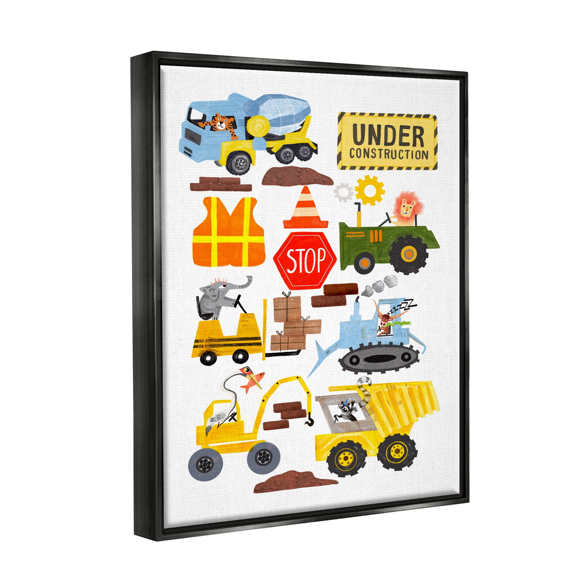 Stupell Industries Construction Vehicles & Animals Transportation Painting Black Floater Framed Canvas Art Print Wall Art, 25 x 31