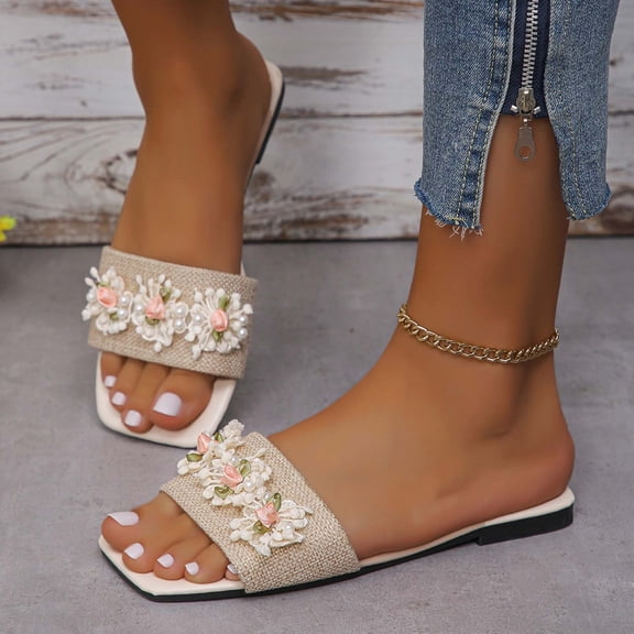 Women's Summer New Large Size Flower Slippers Women's Flat Casual One Beach Slippers Sandals for Women 2025 Beige 42