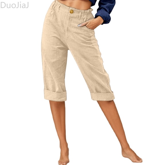 DuoJiaJ Capri Pants for Women with Pockets Elastic Waist Cropped Work Pants Beige XXL