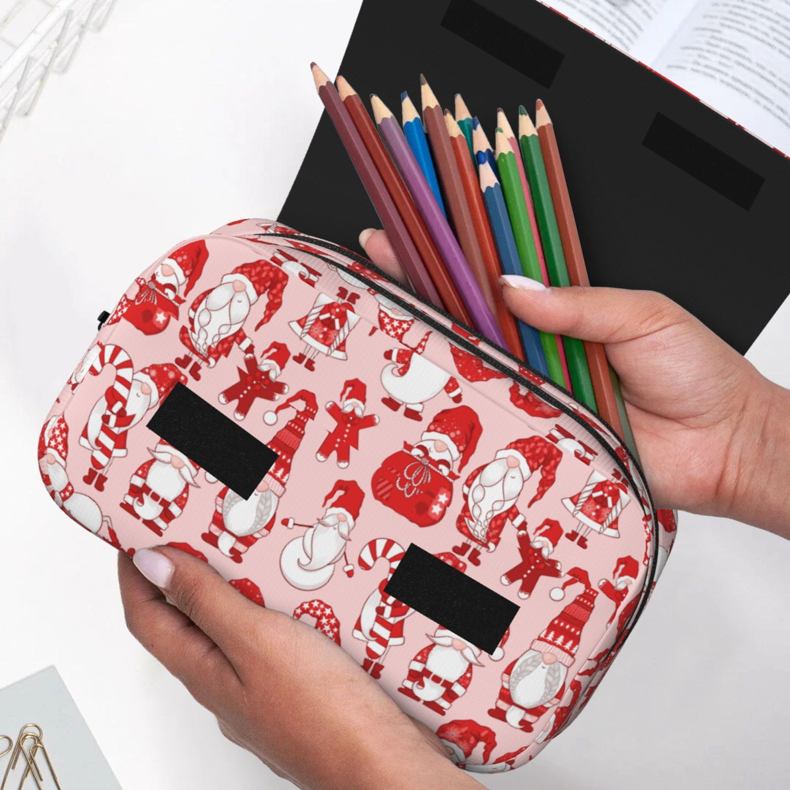 Rateoe Gnome Merry Christmas Pattern Double Clamshell Pen Case, Storage Organizer with Two Zipper Compartments– Holds Up to 50 Pencils & Pens