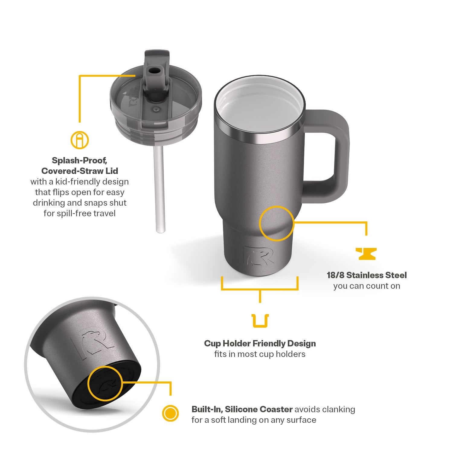RTIC Road Trip 16 oz Leak-Proof Covered Straw Lid Ceramic Lined Tumbler, Graphite