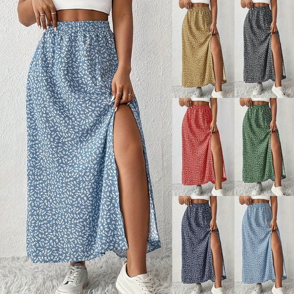 POIUYTR Women Elastic High Waist Skirts Summer Side Slit Ditsy Floral Skirt Casual Vacation Maxi Skirt