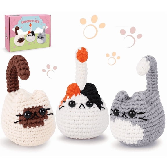 Jademall Beginner Crochet Kit for Cat Plush Animals, 3Pcs Complete Diy Craft with Video Tutorials, Gift for Beginners in 3 Colors