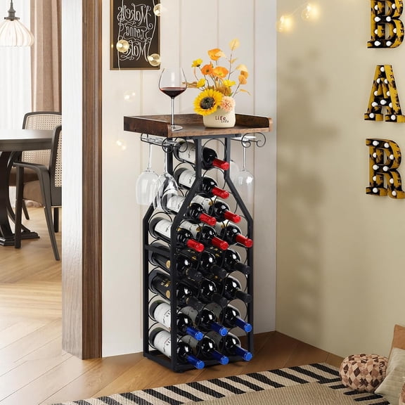 Wine Rack Floor Stand with Wood Top, Holds 19 Bottles & Glass Holder, Rustic Metal Bar Table for Home Kitchen Living Room