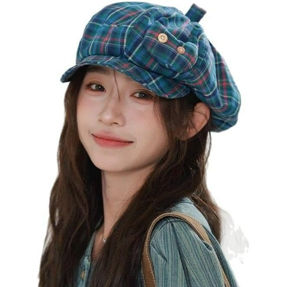 Womens Plaid Cute Cat Newsboy Hat Cotton Vintage Cabbie Cap Summer 2000s Beret Accessories
