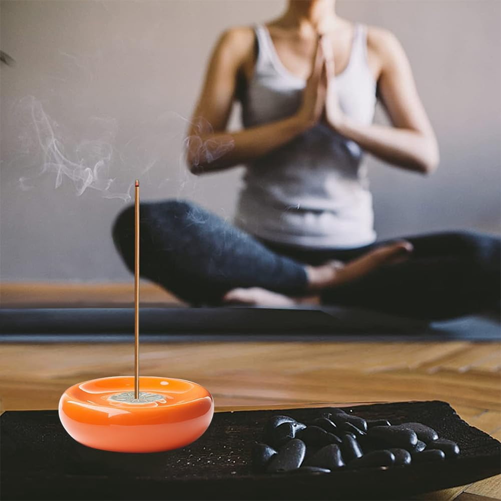 Incense Holder Orange Ceramic Incense Stick Burner Persimmon Shape Creative Handmade Incense Tray Support Stand Porcelain Coil Base for Studio Living Room Home Fragrance Decoration