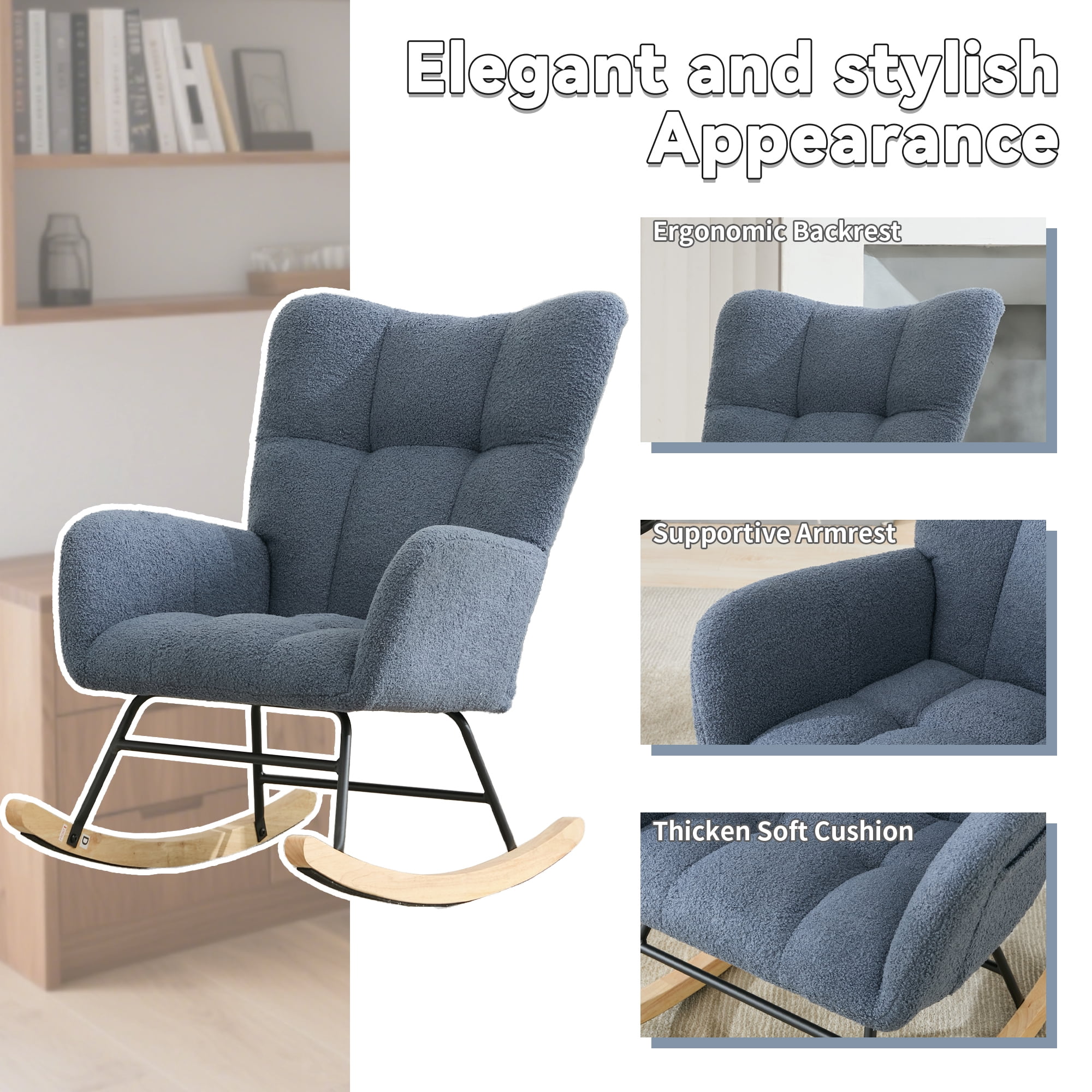 Leumius Rocking Chair Nursery,Teddy Upholstered Glider Rocker with High Backrest,Modern Rocking Accent Chairs Glider Recliner for Living Room, Nursery, Bedroom,Navy