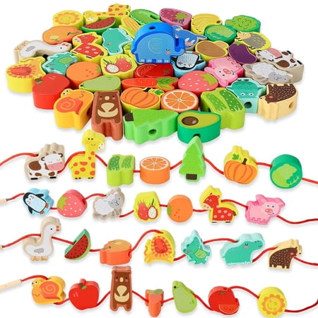 Montessori Educational Threading Toys Wooden Stringing Farm Animals Fruits Lacing Beads Preschool Toy for Toddler 3 4 5 Year Old Boys Girls