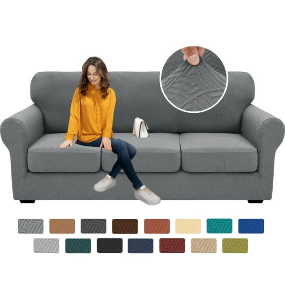 4-Piece Stretch Sofa Slipcover Set for 3-Cushion Couches, Thick Soft Jacquard Fabric Anti-Slip Furniture Protector, Pet Proof Couch Cover for Dogs Cats, Gray