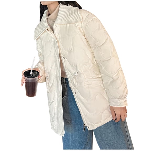 Winter Jackets For Women Lapel Zip Up Button Patchwork Quilted Cardigan Thick Thermal Casual Outwear With Pockets (XL, White)