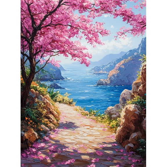 Pink Blossom Coastal Path Canvas Wall Art, Suitable for Living Room, Bedroom, Bathroom, Office, and Hotel Decoration.