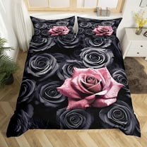 Erosebridal Black and Pink Rose Duvet Cover Queen Romantic Flowers Bedding Set,3D Roses Comforter Cover for Women,Couple Wedding Valentines Day Bedroom Decor Blossom Floral Bed Set 3Pcs