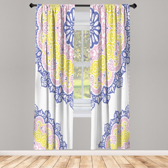 Ambesonne Oriental Curtains, Soft Color Floral Artwork, Pair of 28"x84", Ceil Blue