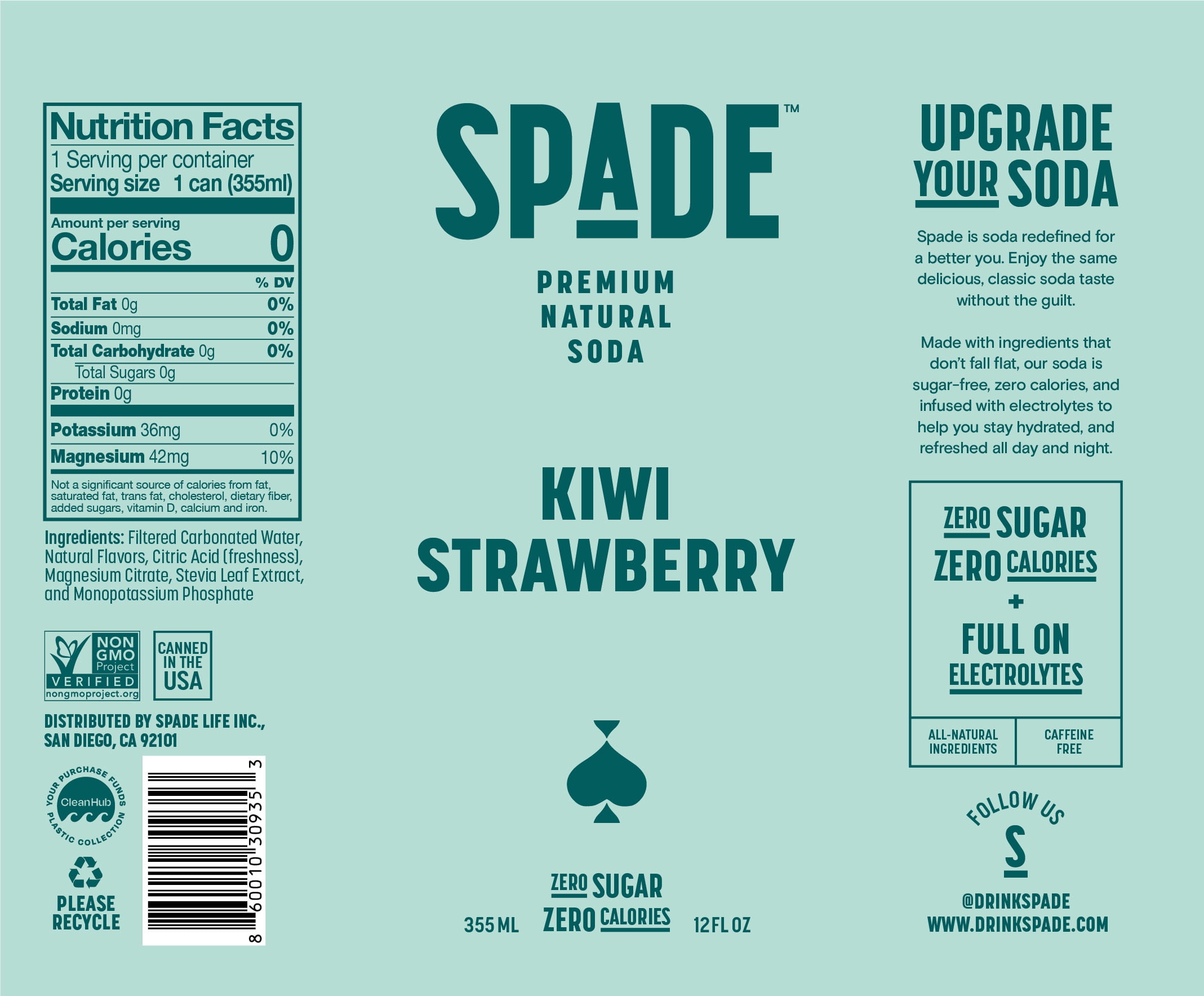 Spade Kiwi Strawberry Soda - Premium All-Natural, 0 Sugar, 0 Calorie, Electrolyte, Healthy Non GMO