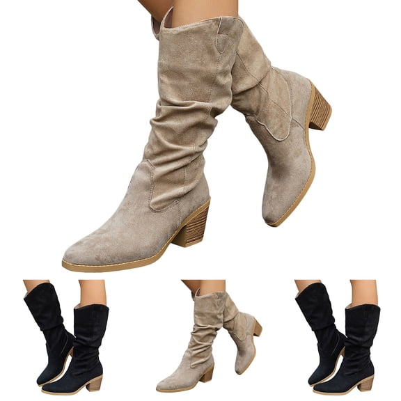Dakaela Women's Western Cowboy Boots Chunky Heel Cowgirl Mid Calf Booties Pull on Slouchy Country Riding Shoes Black 6.5