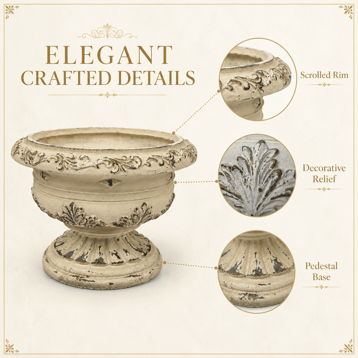 Aukfa Large MGO Garden Urn Planter, Outdoor Tall Decorative Stone-Look Flower Pot with Drainage Hole & Weather-Resistant, White
