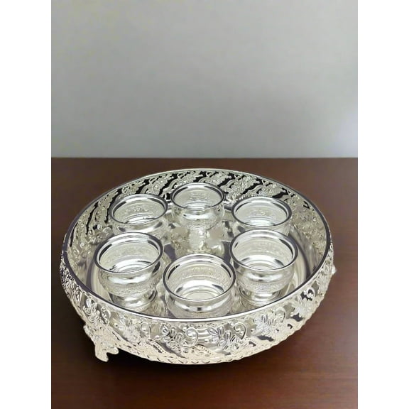 german silver designer tray with 6 bowls for snacks/ sweets/ pooja / gift item