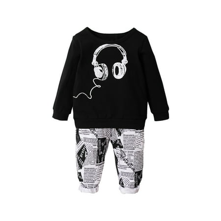 

KIMI BEAR Baby Boys Pants Outfits 18 Months Infant Boys Fall Winter Clothing Set Cozy Round Neck Earphone Print Long Sleeve T-shirt Letter Print Pants 2PCs Set 18-24 Months Black