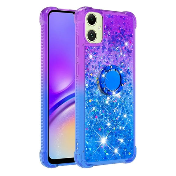 Phone Case for Samsung Galaxy A07/A06 with Ring Kickstand, Cute Glitter Bling Sparkle Quicksand Flowing Liquid Clear Gel Silicone ShockProof Phone Cover Girls-B4