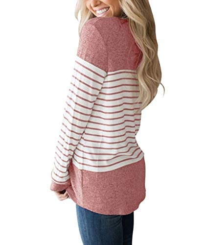 Vemvan Womens Long Sleeve Round Neck T Shirts Color Block Striped Causal Blouses Tops