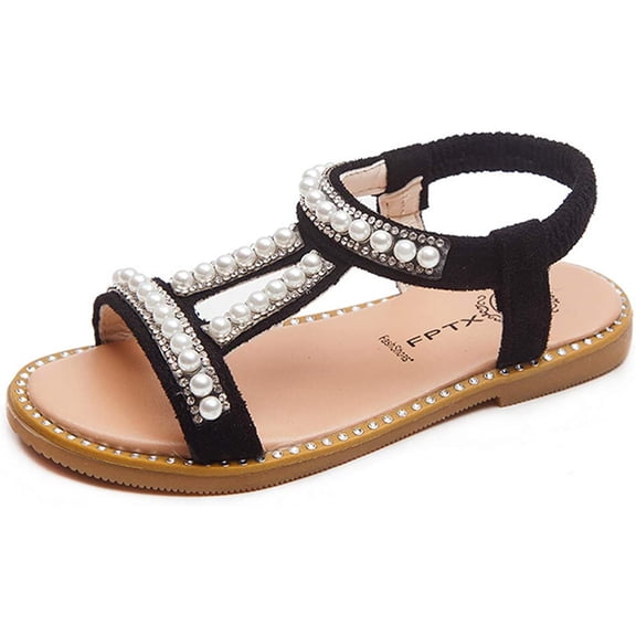 Girl’s Rhinestone Open Toe Beach Sandal Summer Fashion Beaded Princess Flats Shoes