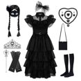 thumbnail image 1 of Wednesday Addams Dress Cosplay Costume Kids Girls Party Black Dresses Necklace Mask, 1 of 3