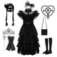 thumbnail image 1 of Wednesday Addams Dress Cosplay Costume Kids Girls Party Black Dresses Necklace Mask, 1 of 3