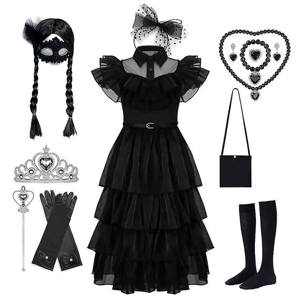 Wednesday Addams Dress Cosplay Costume Kids Girls Party Black Dresses Necklace Mask
