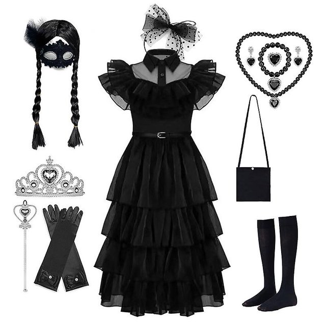 Wednesday Addams Dress Cosplay Costume Kids Girls Party Black Dresses Necklace Mask