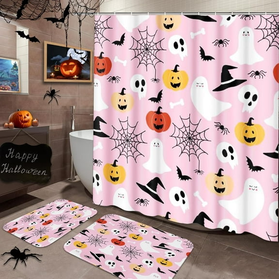 Moon Halloween Autumn Bathroom Sets with Shower Curtain and Rugs and Accessories, Orange Pumpkin Ghost Shower Curtain Sets for Bathroom,Bathroom Decor 3 Pcs