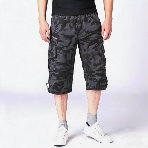 Dwelliawo Long Shorts for Men Long Cargo Shorts Below The Knee Capri 3/4 Pants Relaxed Fit Baggy Outfit with Pockets Camouflage L
