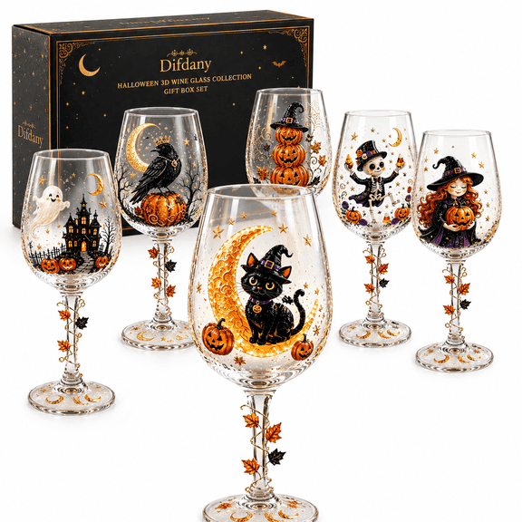 Halloween 3D Wine Glass Collection Gift Box Set, Pumpkin Witch Stemmed Wine Glass with Gothic Design, Halloween Party Drinkware & Spooky Holiday Gift,1PCS